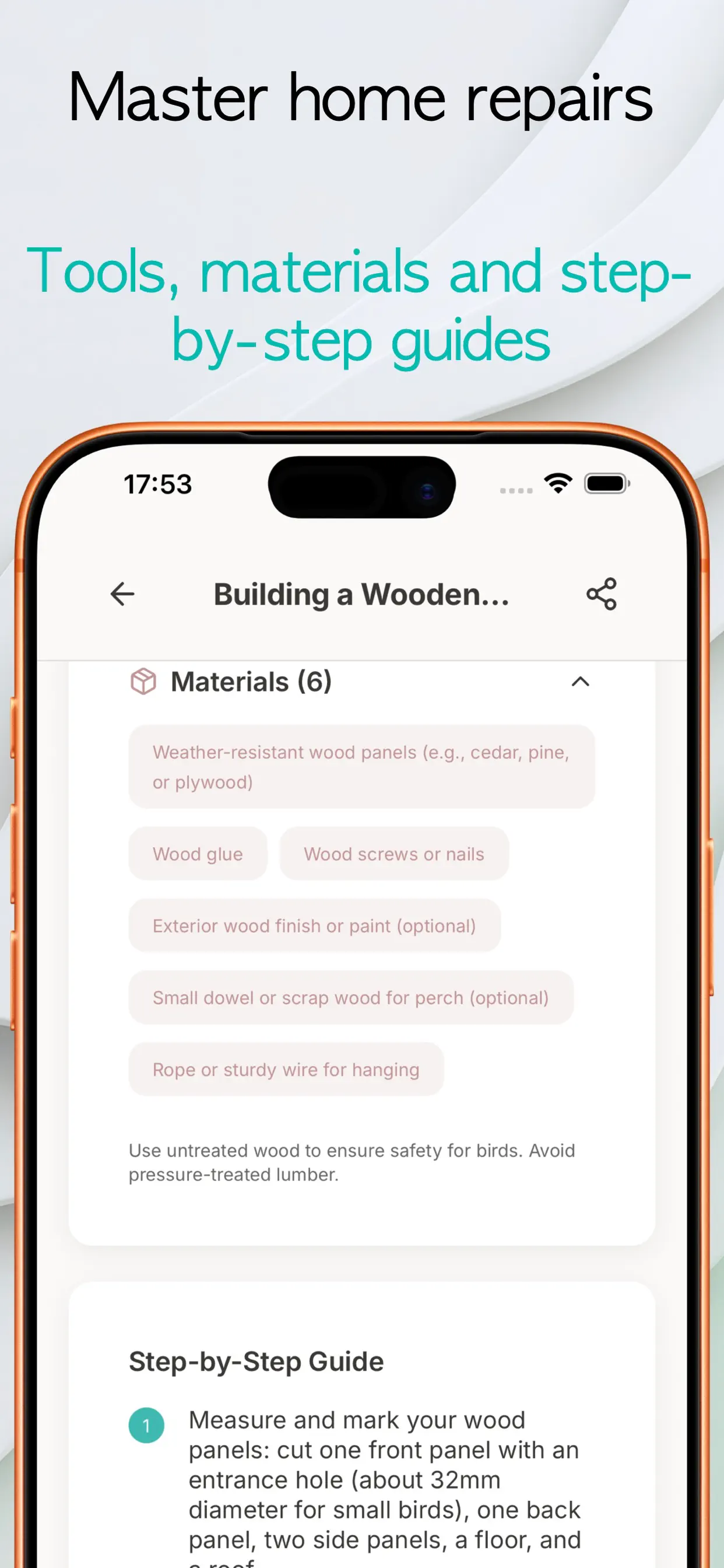 NestBit repair plan showing a materials list and step-by-step guide used for estimating home repair costs