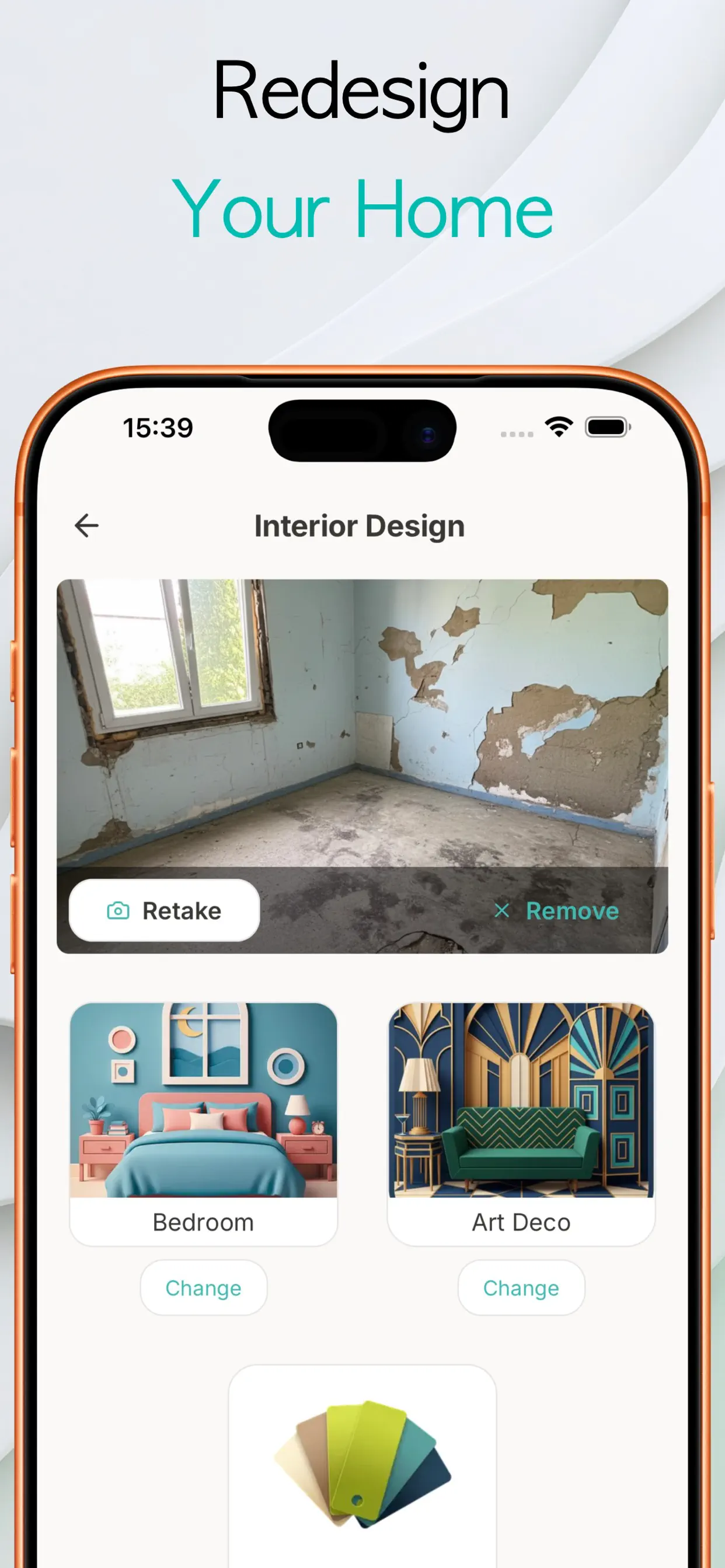 NestBit interior design screen with a room photo and style choices, part of the free AI interior design workflow