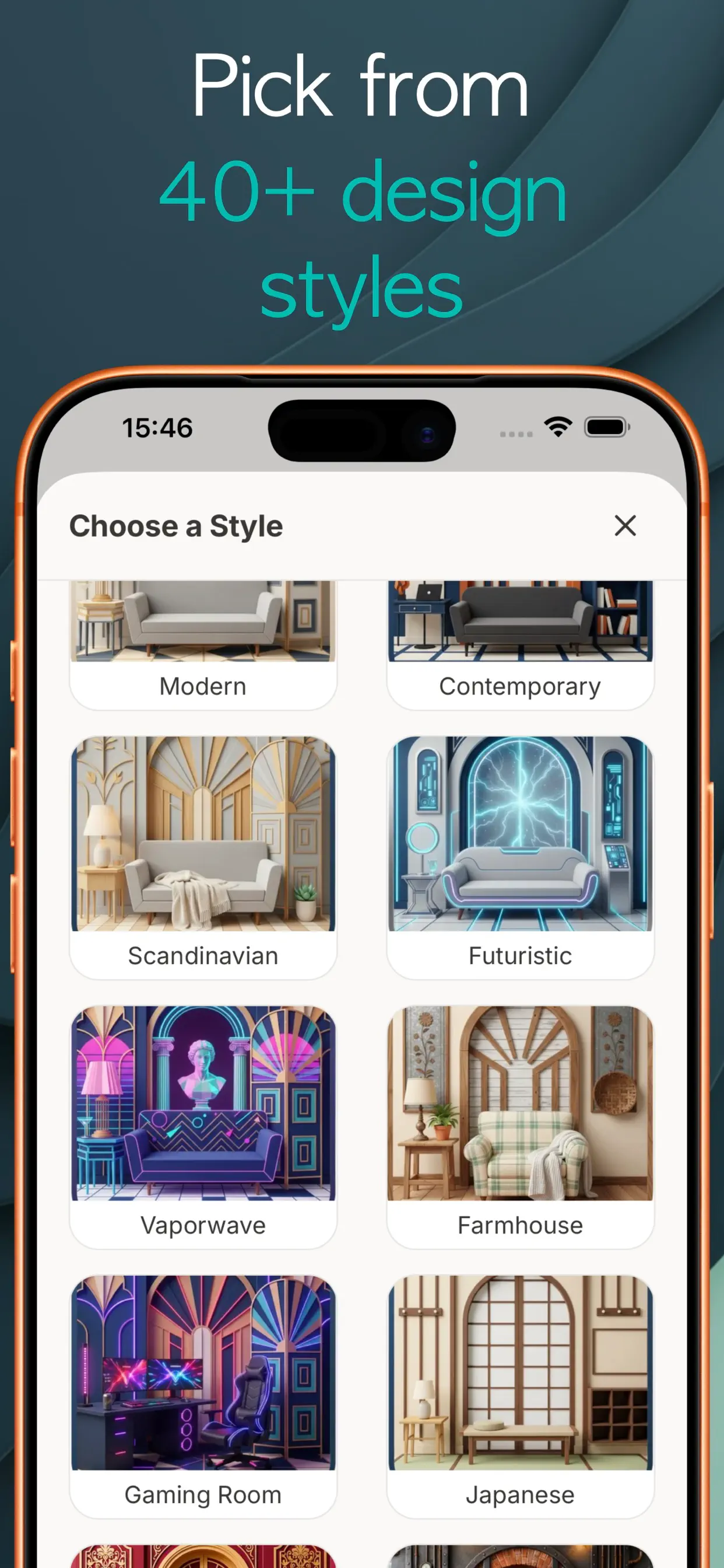 NestBit style chooser showing bedroom-friendly interior design styles including Modern, Scandinavian and Farmhouse