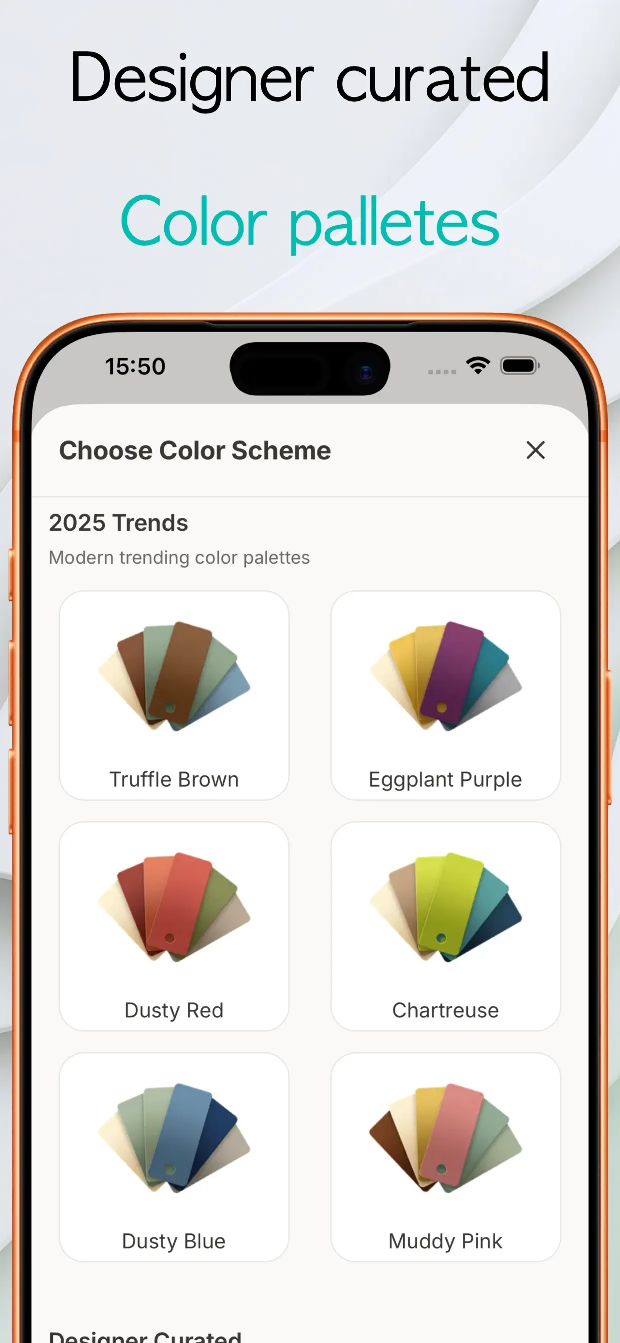 Designer curated color palettes in the NestBit app including Truffle Brown, Eggplant Purple, Dusty Red, Chartreuse, Dusty Blue and Muddy Pink